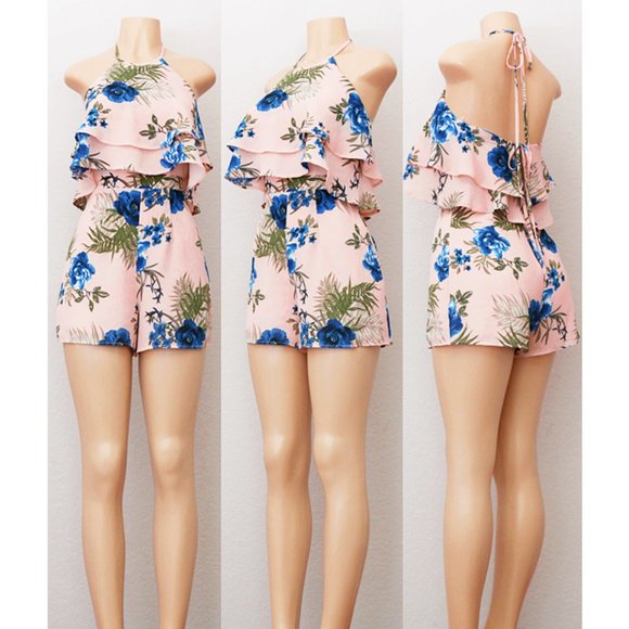 Pink Floral Flounce Ruffle Halter Tie Back Romper - Picture 4 of 8